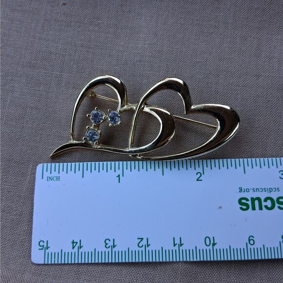 Gold Tone Double Heart Pin Brooch with Clear Rhinestone Accents - Picture 4 of 4